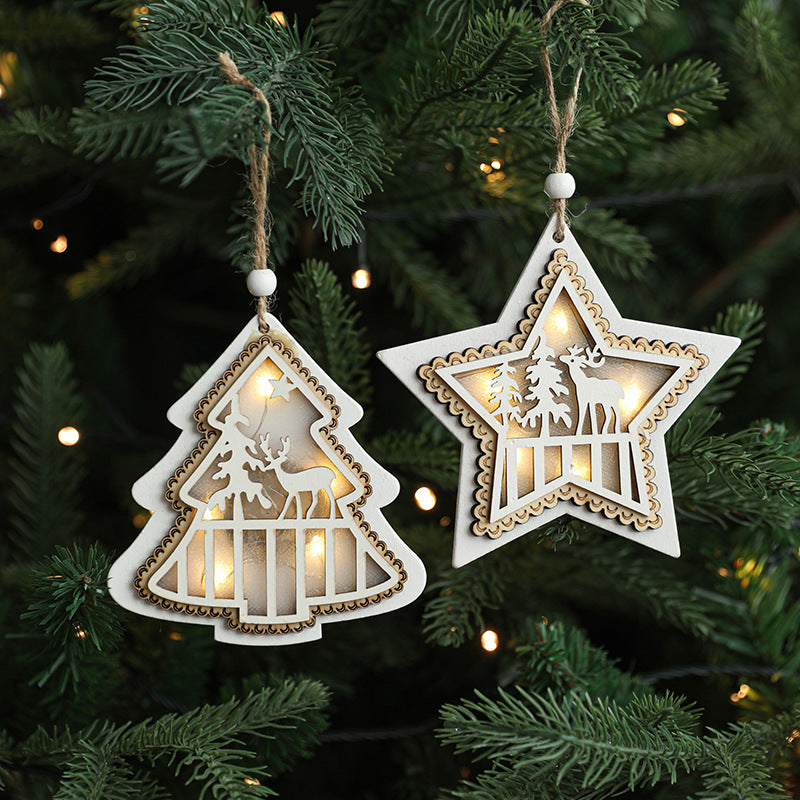 Christmas tree ornaments, decorative items, Christmas wooden accessories, luminous strip lights, white pentagram decoration, scene arrangement