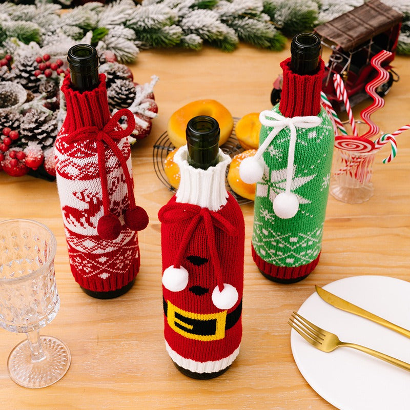 New Christmas Decorative Products Knitted Wine Bottle Set Woolen Champagne Wine Set Christmas Snowflake Wine Set