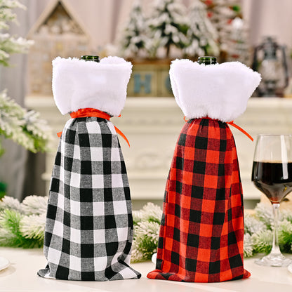 Christmas decoration Christmas red wine bottle bag Christmas red and black checkered embroidered wine bottle set table decoration