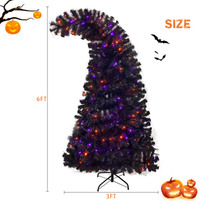 6FT artificial fir curved top Halloween tree, with 1080 lush branch tips and 300 LED lights in a Christmas and Halloween style