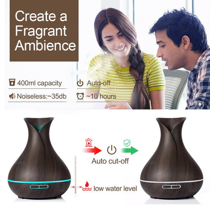 400ml Aroma Essential Oil Diffuser Ultrasonic Air Humidifier with Wood Grain 7 Color Changing LED Lights for Office Home