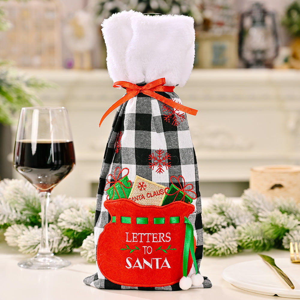 Christmas decoration Christmas red wine bottle bag Christmas red and black checkered embroidered wine bottle set table decoration