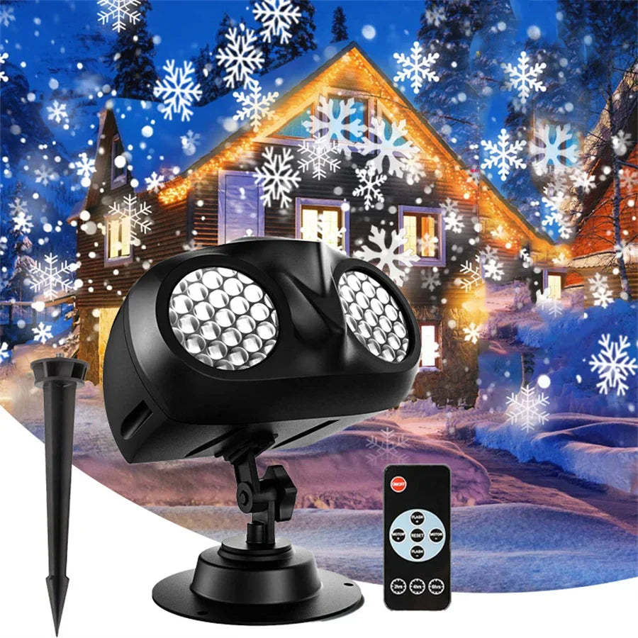 Double-Head Christmas Snowfall Projector Light Snowflake Projector Lamp Outdoor Holiday Party Rotating Falling Snow Spotlight