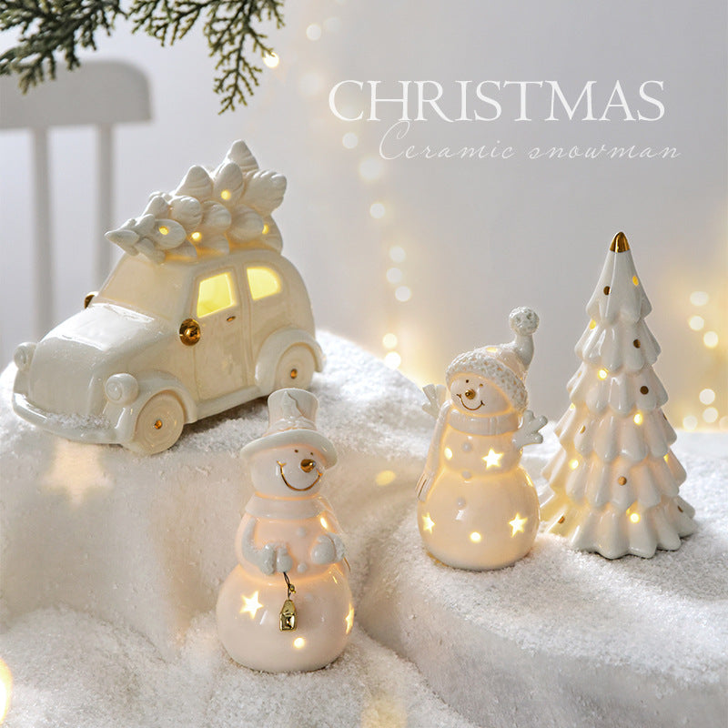 Christmas Gift Ceramic Christmas Snowman Car Desktop Home Decor Small Scene Decoration Props