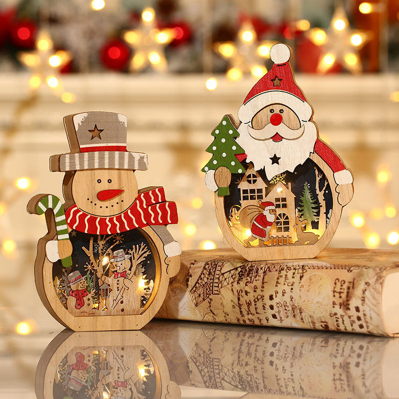 Christmas decorations, illuminated Santa Claus wooden ornaments, hotel window displays, Christmas gifts