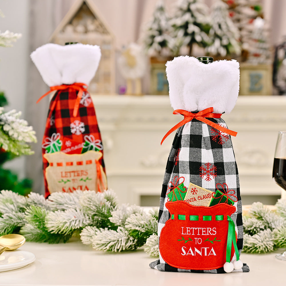 Christmas decoration Christmas red wine bottle bag Christmas red and black checkered embroidered wine bottle set table decoration