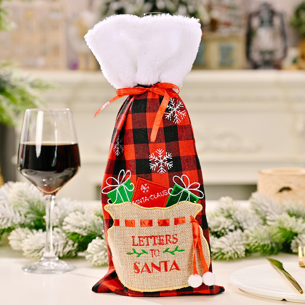 Christmas decoration Christmas red wine bottle bag Christmas red and black checkered embroidered wine bottle set table decoration