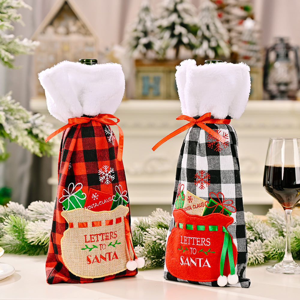 Christmas decoration Christmas red wine bottle bag Christmas red and black checkered embroidered wine bottle set table decoration