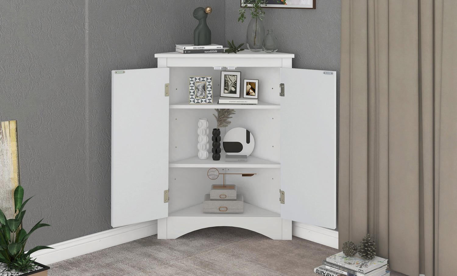 White Triangle Bathroom Storage Cabinet with Adjustable Shelves, Freestanding Floor Cabinet for Home Kitchen