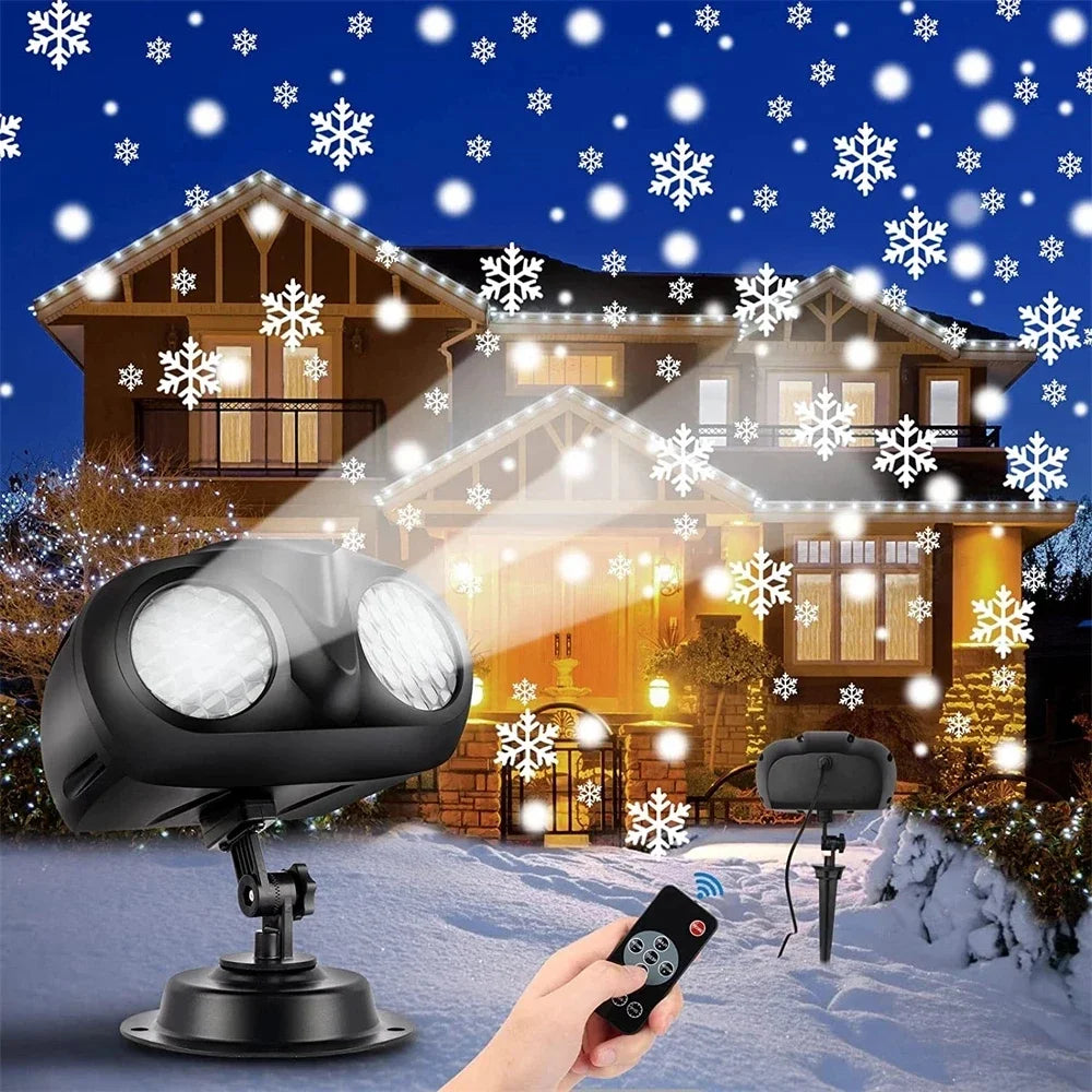 Double-Head Christmas Snowfall Projector Light Snowflake Projector Lamp Outdoor Holiday Party Rotating Falling Snow Spotlight