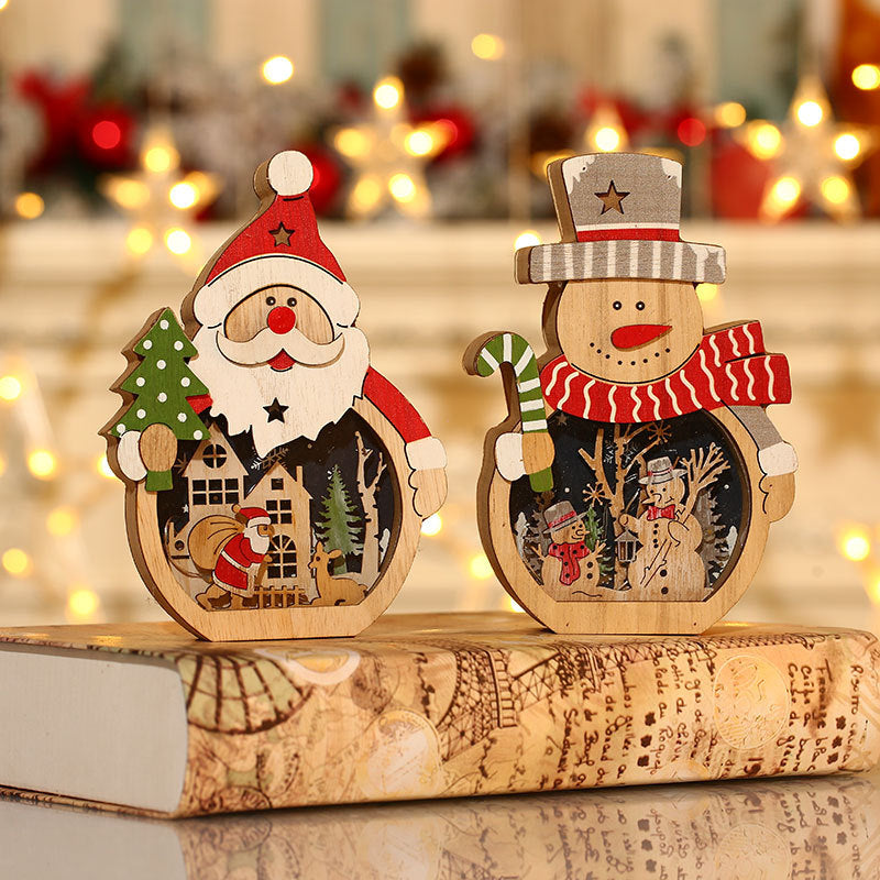 Christmas decorations, illuminated Santa Claus wooden ornaments, hotel window displays, Christmas gifts