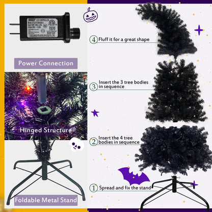 6FT artificial fir curved top Halloween tree, with 1080 lush branch tips and 300 LED lights in a Christmas and Halloween style