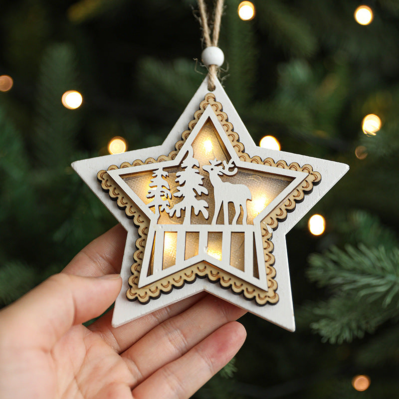 Christmas tree ornaments, decorative items, Christmas wooden accessories, luminous strip lights, white pentagram decoration, scene arrangement