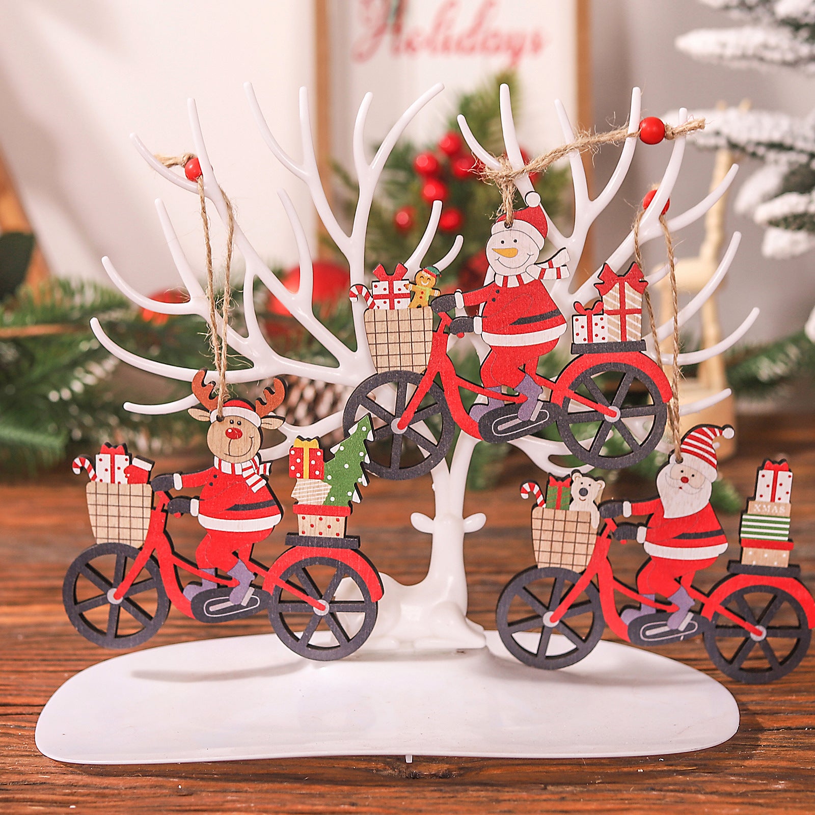 Christmas decoration gift new wooden bicycle figurine pendant cartoon deer cart hanging decoration Christmas tree accessories