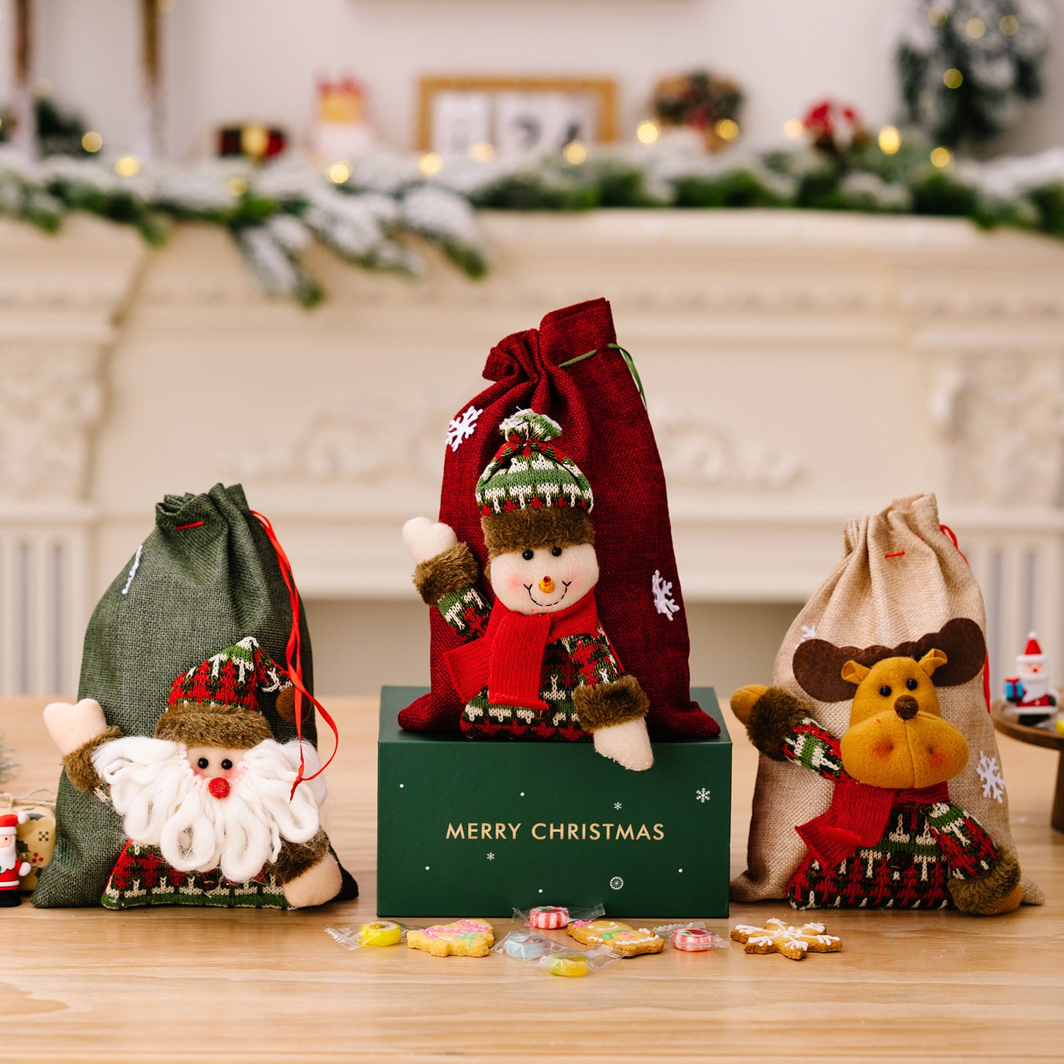 Christmas New Decorations Cartoon Doll Linen Gift Bag Santa Claus Elk Snowman Storage Bag Decoration