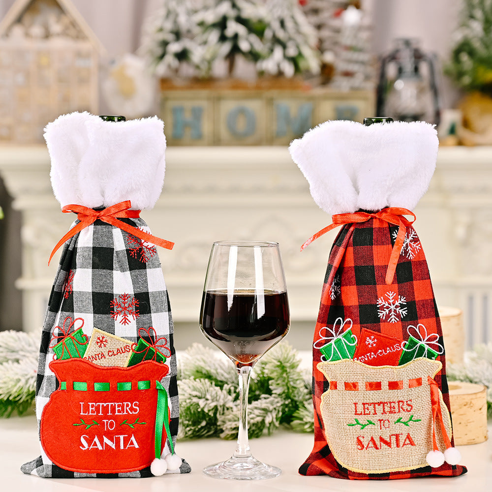 Christmas decoration Christmas red wine bottle bag Christmas red and black checkered embroidered wine bottle set table decoration