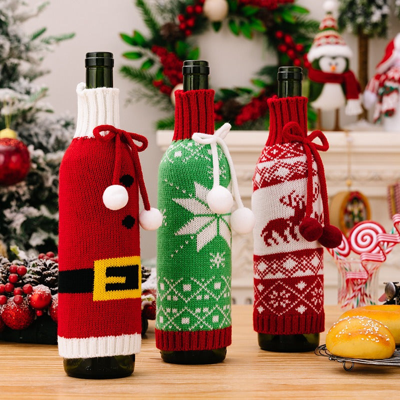 New Christmas Decorative Products Knitted Wine Bottle Set Woolen Champagne Wine Set Christmas Snowflake Wine Set