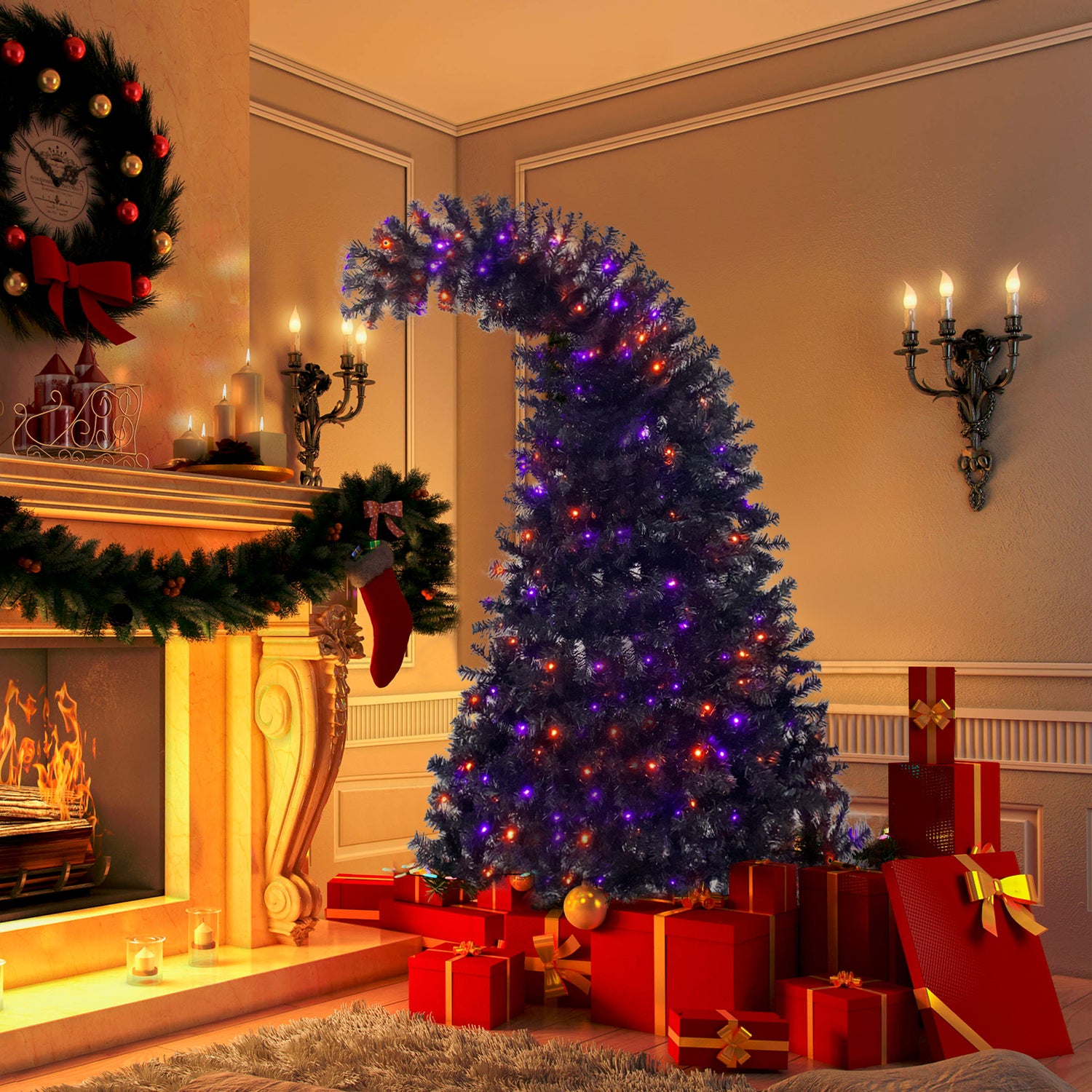 6FT artificial fir curved top Halloween tree, with 1080 lush branch tips and 300 LED lights in a Christmas and Halloween style