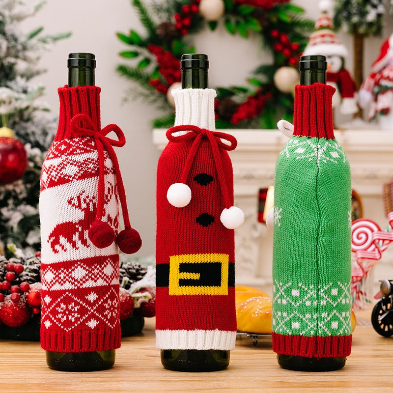 New Christmas Decorative Products Knitted Wine Bottle Set Woolen Champagne Wine Set Christmas Snowflake Wine Set