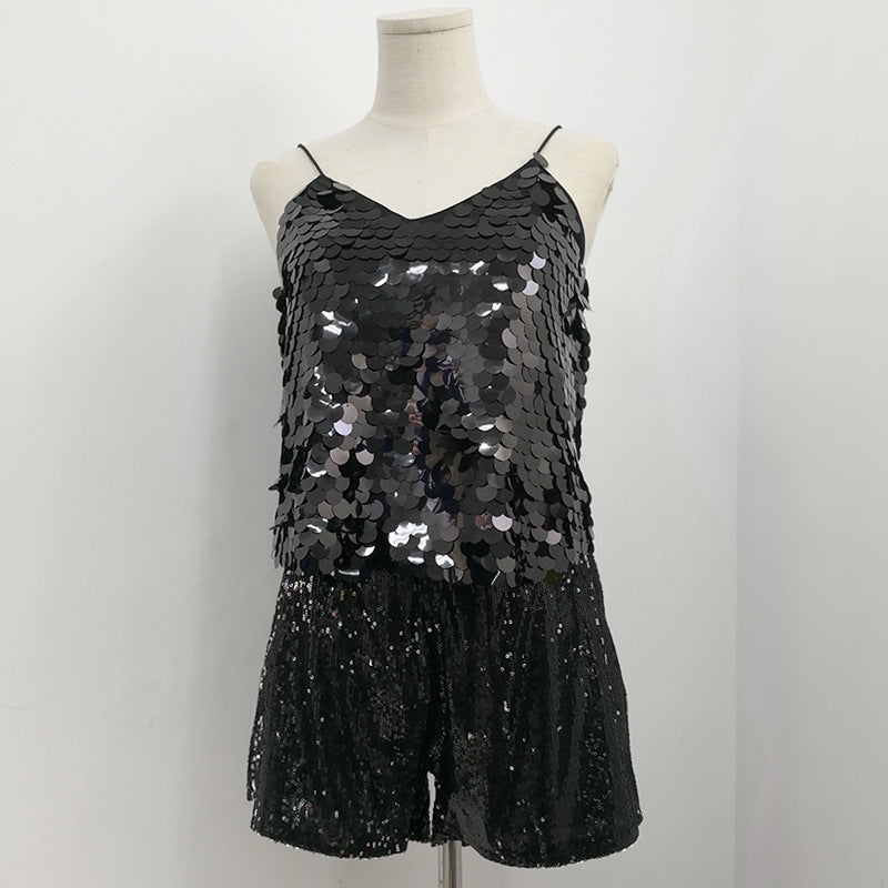 New shooting bling bling sparkling sequin sweater slim fit sexy V-neck camisole top for women