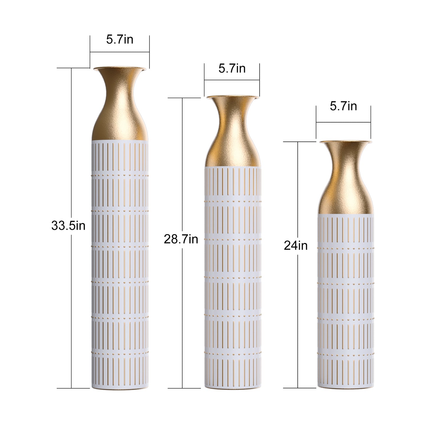 A set of 3 gorgeous white metal vases for home decoration, large glass metal vases 24 inches/28.7 inches/33.5 inches high