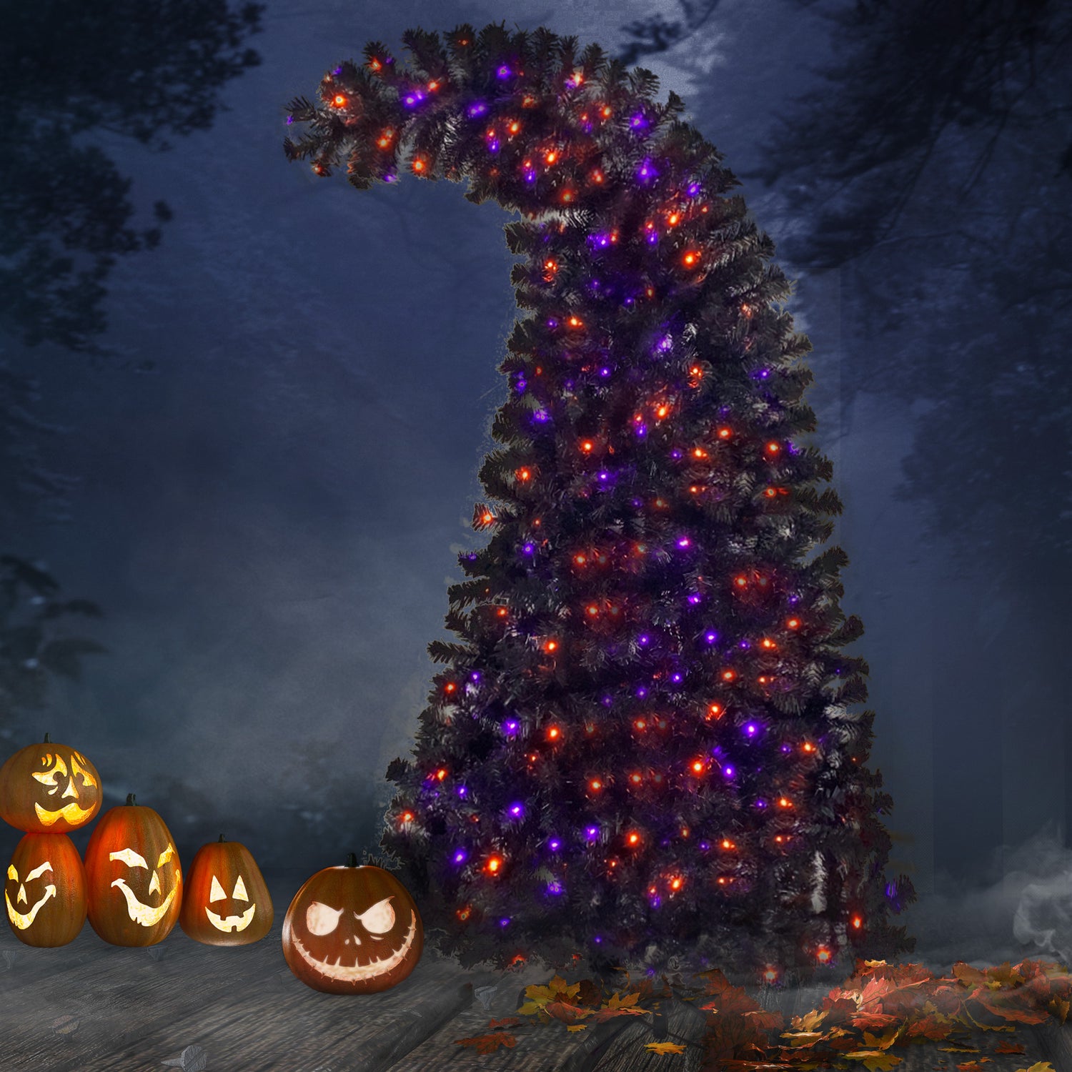 6FT artificial fir curved top Halloween tree, with 1080 lush branch tips and 300 LED lights in a Christmas and Halloween style