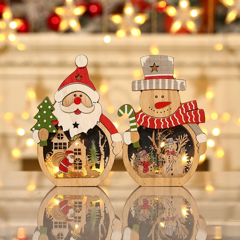 Christmas decorations, illuminated Santa Claus wooden ornaments, hotel window displays, Christmas gifts