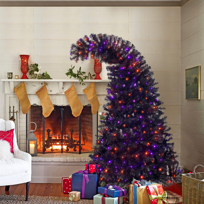 6FT artificial fir curved top Halloween tree, with 1080 lush branch tips and 300 LED lights in a Christmas and Halloween style